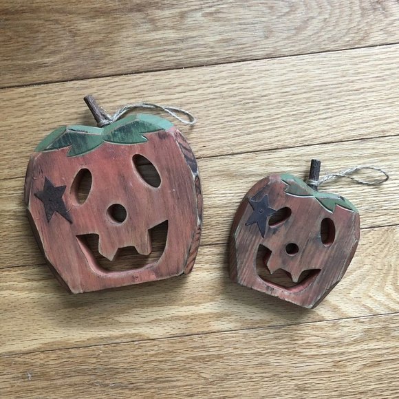 Vintage Rustic Carved Wooden Pumpkin Jack O Lantern Wall Hanging Halloween - Picture 8 of 8